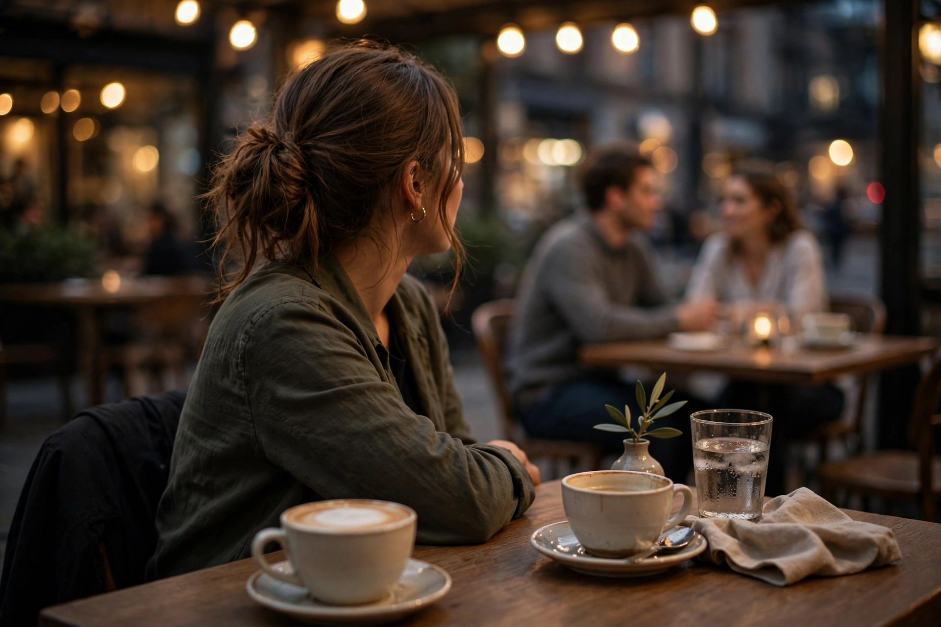 Imagen referencial: mujer sola en café, engaño por otra